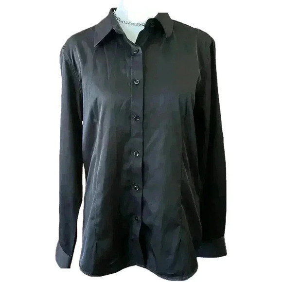 Women’s Long Sleeve Button Down Fitted Shirt Black Office Professional - Picture 1 of 5